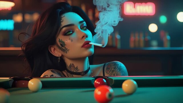 Dynamic Nightlife: Tattooed Woman Exhales Smoke in Vibrant Neon Pool Hall