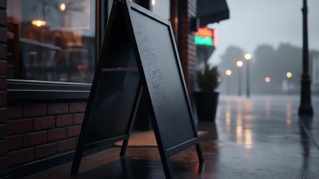 Rainy city street with wet sidewalk and an empty black sandwich board sign
