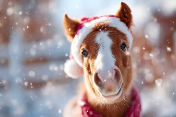 Horse wearing Santa hat in snowy yard equine animal winter holiday portrait