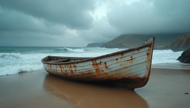 An old weathered boat rests on a sandy beach. The rustic vessel shows signs of decay against a stormy sea. Coastal landscape with waves and dramatic sky represents time.