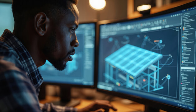 African American engineer works on computer at the desk. Man examines 3D CAD model of solar panels. Professional design solar energy system with modern software. - Powered by Adobe