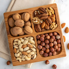 top view of nuts mix and almond on a wooden tray