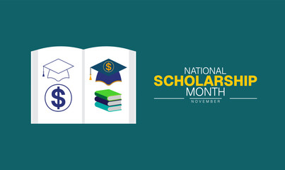 National Scholarship Month Poster Banner and Background Abstract Design Template with Graduation Cap and Diploma Illustration for Education Funding Awareness Academic Success and Student Support