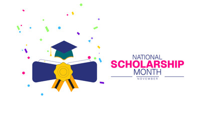 National Scholarship Month Poster Banner and Background Abstract Design Template with Graduation Cap and Diploma Illustration for Education Funding Awareness Academic Success and Student Support