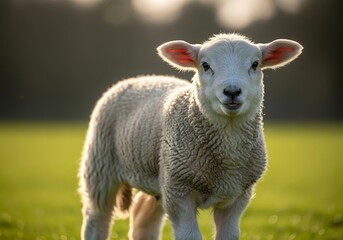 Fototapeta premium A cute young lamb stands in a sunny green field looking directly at the camera.
