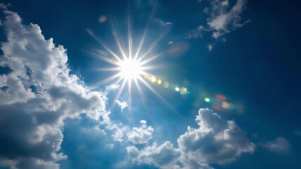 Bright sun shining through fluffy clouds in a blue sky, with a starburst and subtle lens flare. - Powered by Adobe