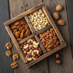 top view of nuts mix and almond on a wooden tray