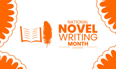 National Novel Writing Month Poster Banner and Background Abstract Design Template with Open Book Pen and Paper Illustration for Creative Writing Awareness Literature Education and Author Inspiration
