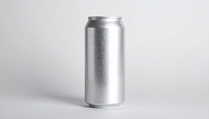 Silver Aluminum Can with Condensation on Grey Background