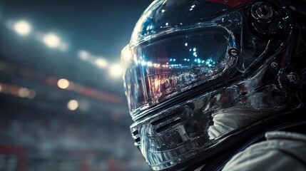 Close-up of a futuristic racing helmet, cinematic style

