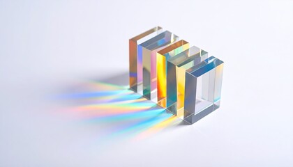 Crystal Prisms with Rainbow Dispersion on White Background