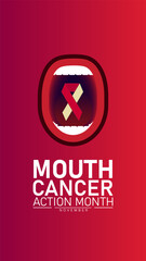 Naklejka premium Mouth Cancer Action Month Poster Banner and Background Abstract Design Template with Blue Ribbon and Mouth Illustration for Oral Health Awareness for mobile responsive