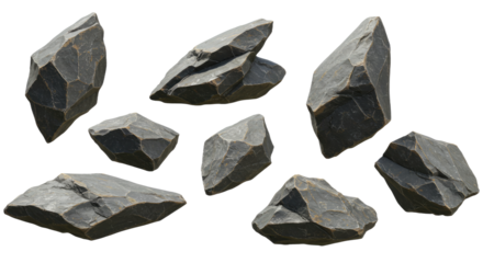 Set of black obsidian stones isolated on white background, natural volcanic glass mineral samples perfect for geology and crystal collections