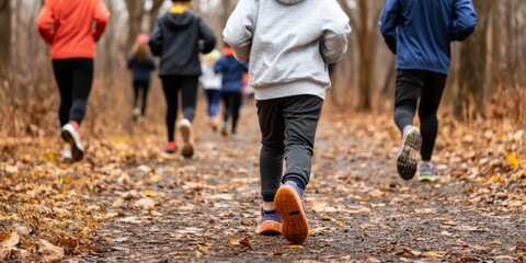 group of people running on a forest path covered with autumn leaves, showcasing an active lifestyle in nature.
