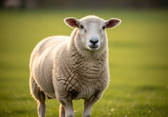 Fototapeta premium A white woolly sheep stands in a vibrant green pasture, looking directly at the camera with a gentle expression.
