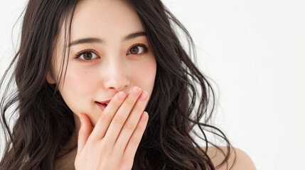 女優のモデル女性が口を押えてコソコソ話をしている顔のアップ写真