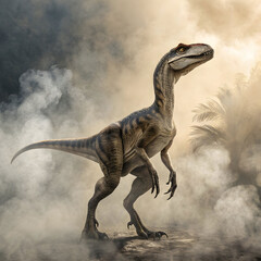 velociraptor dinosaur on smoke background