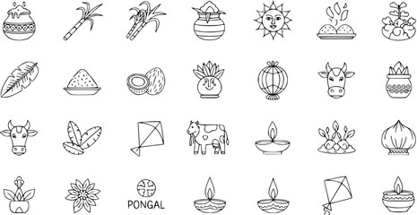 Detailed line art icons for Pongal harvest festival, featuring traditional symbols like sugarcane, pots, sun, cow, diyas, banana leaves, coconut, and kites.