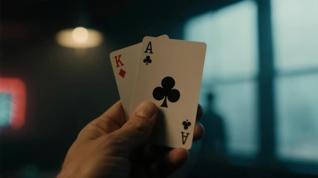 High-Stakes Poker Night: Player Checks a Powerful Ace-King Hand in a Cinematic Close-Up