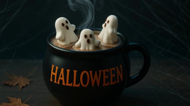 Spooky Halloween Beverage Warm Hot Chocolate in Mug with Playful Ghost Marshmallows for Cozy Festive Gathering