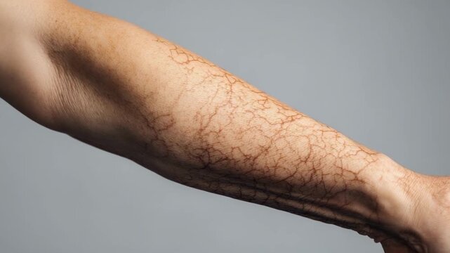 Forearm with numerous spider veins (dilated capillaries) under the skin.