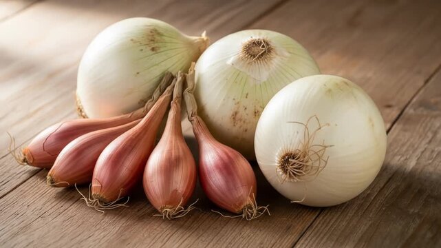 White onions & red shallots neatly arranged on a rustic wooden surface in natural light
