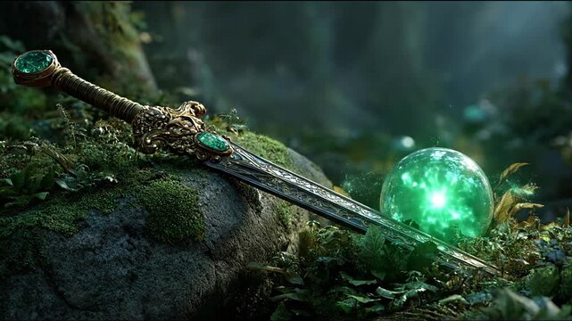 Mystical sword and orb fantasy composition in a mossy woodland setting