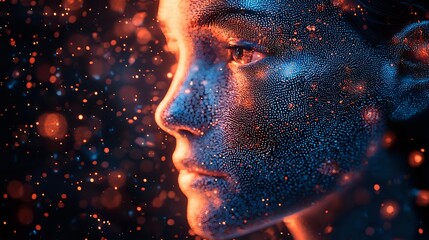 Side profile of young woman illuminated by orange and blue light with glowing particles and sparkles creating magical atmospheric effect against dark background.