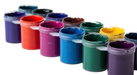 Set of colorful open paint jars in a row with bright vibrant colors for art projects and creative painting activities