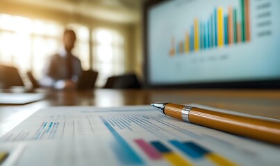 Business meeting with financial charts and graphs on screen, pen on document with colorful data analysis in foreground, blurred office background.