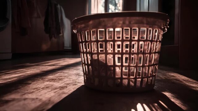 A wicker laundry basket sits on a sunlit wooden floor, with blinds casting striped shadows in a dim laundry room.