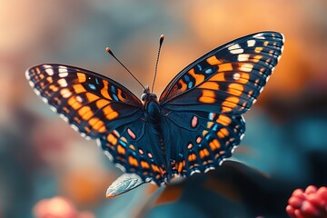 Fototapeta premium Vibrant monarch butterfly with intricate wing patterns rests on a delicate leaf, showcasing nature's stunning artistry and delicate beauty in soft light.