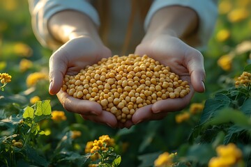 Farmer hands holding freshly harvested yellow soybeans against background of blooming soybean field at sunset, showcasing agricultural production and crop yield.