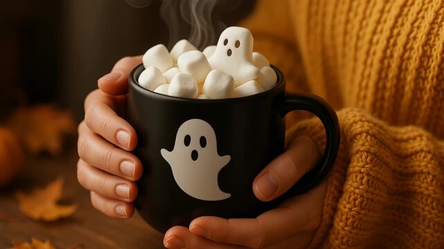 Cozy Autumn Vibes Warm Up Halloween with Hot Chocolate and Fluffy Marshmallows Shaped Like Playful Ghosts for Perfect Beverage Experience