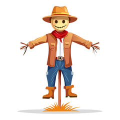 Cartoon illustration of a classic scary scarecrow character wearing a hat jacket jeans and a red scarf isolated