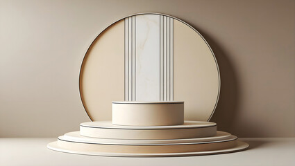 A minimalistic platform with circular and tiered structures is perfect for product presentations, showcasing design and style with its sleek and sophisticated aesthetic. 