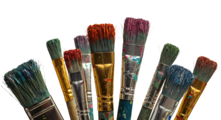 Set of colorful used paintbrushes with dried paint, artist brushes for painting and creative projects, perfect for art and craft inspiration