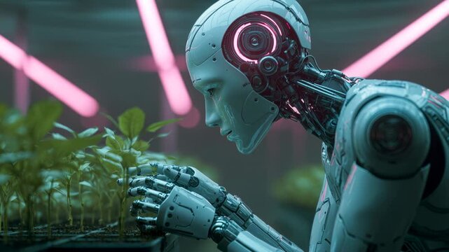 A humanoid robot carefully tending young plants under neon light, symbolizing sustainability, innovation, and the harmony between artificial intelligence and nature.

