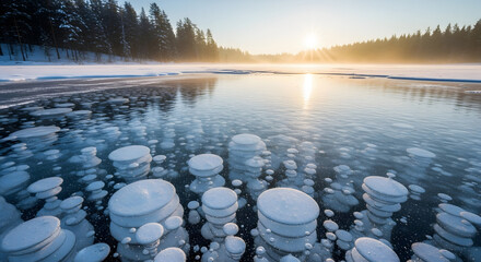 凍った湖に閉じ込められた氷の泡
