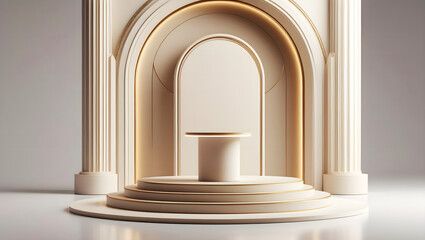 An elegant, classical architectural structure, featuring a central pedestal ready to showcase a product, set against a pristine backdrop.