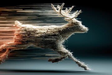 Fototapeta premium Dynamic sculpture of a running deer formed through digital pixels showcasing motion and speed in a creative display