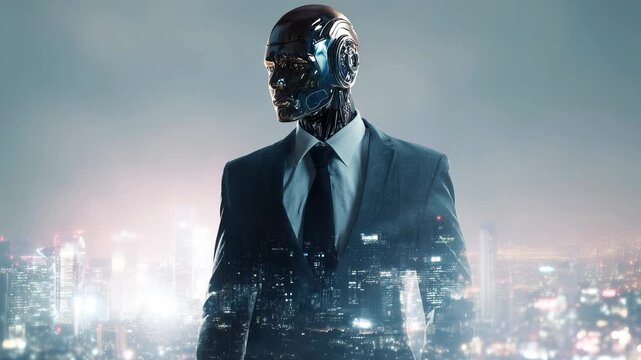 A robotic executive in a suit overlooking a futuristic city, symbolizing leadership, innovation, and the rise of artificial intelligence in modern business and society.
