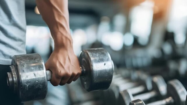 Person gripping a dumbbell and lifting weights in a gym during a strength workout.