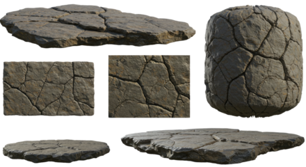 Set of dry cracked earth soil textures isolated on white background, perfect for background designs and environmental projects