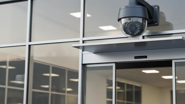 Security camera mounted above sliding doors of a building