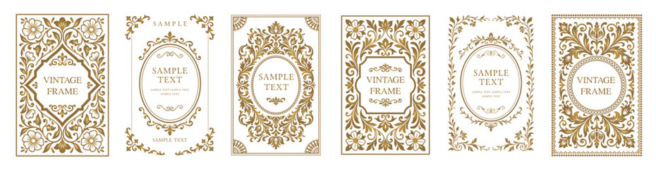 Elegant collection of vintage golden frames and borders with floral ornaments. Classic decorative templates for invitations, greeting cards, or certificate design.