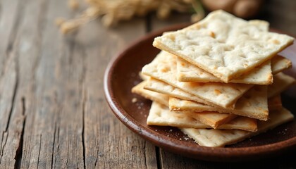 Stack of matzah crackers rests on ceramic plate. Dry unleavened bread served on Passover. Jewish holiday meal. Food lies on wooden table. Tradition in Israel. Crunchy snack.