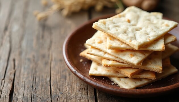 Stack of matzah crackers rests on ceramic plate. Dry unleavened bread served on Passover. Jewish holiday meal. Food lies on wooden table. Tradition in Israel. Crunchy snack.