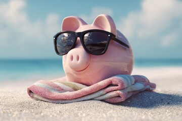 A pink piggy bank in sunglasses relaxing on a beach towel on the sand near the ocean