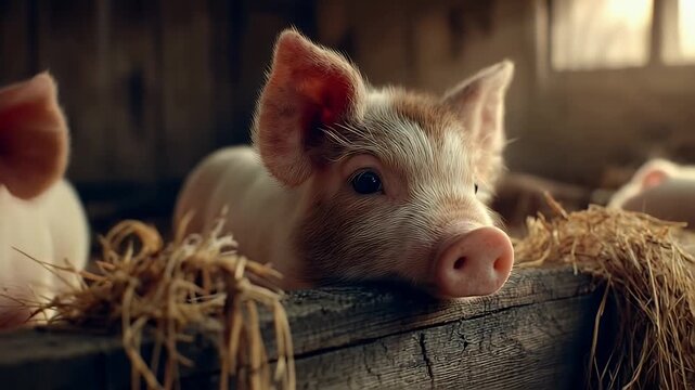 adorable piglets inside a barn filled with straw, symbolizing livestock farming, agriculture, and rural countryside life.